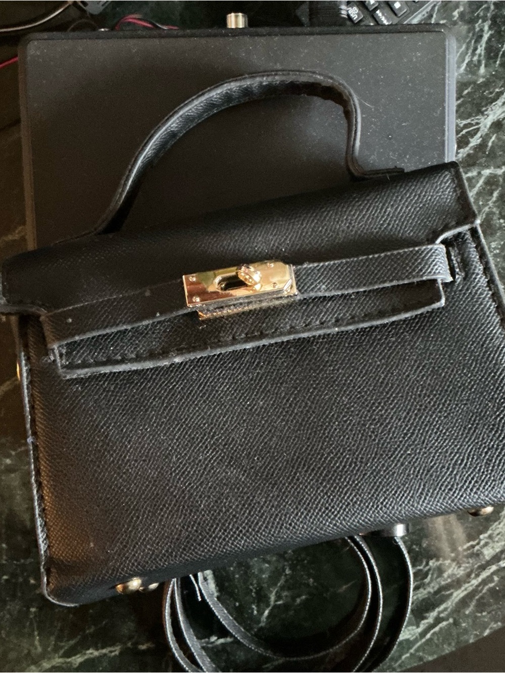 Structured Black Leather Top-Handle Satchel with Gold Hardware